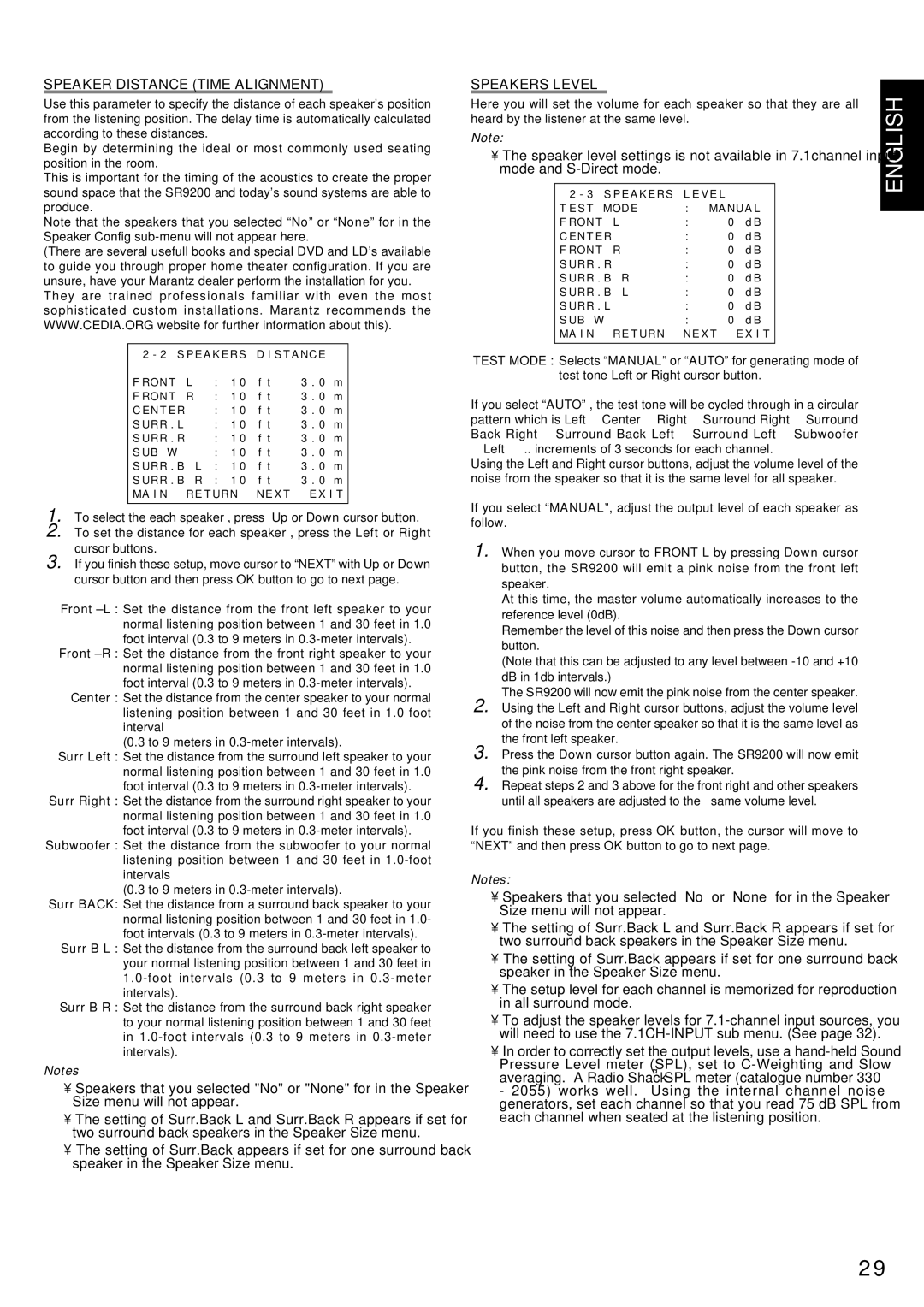Marantz SR9200 manual Speaker Distance Time Alignment, Speakers Level 