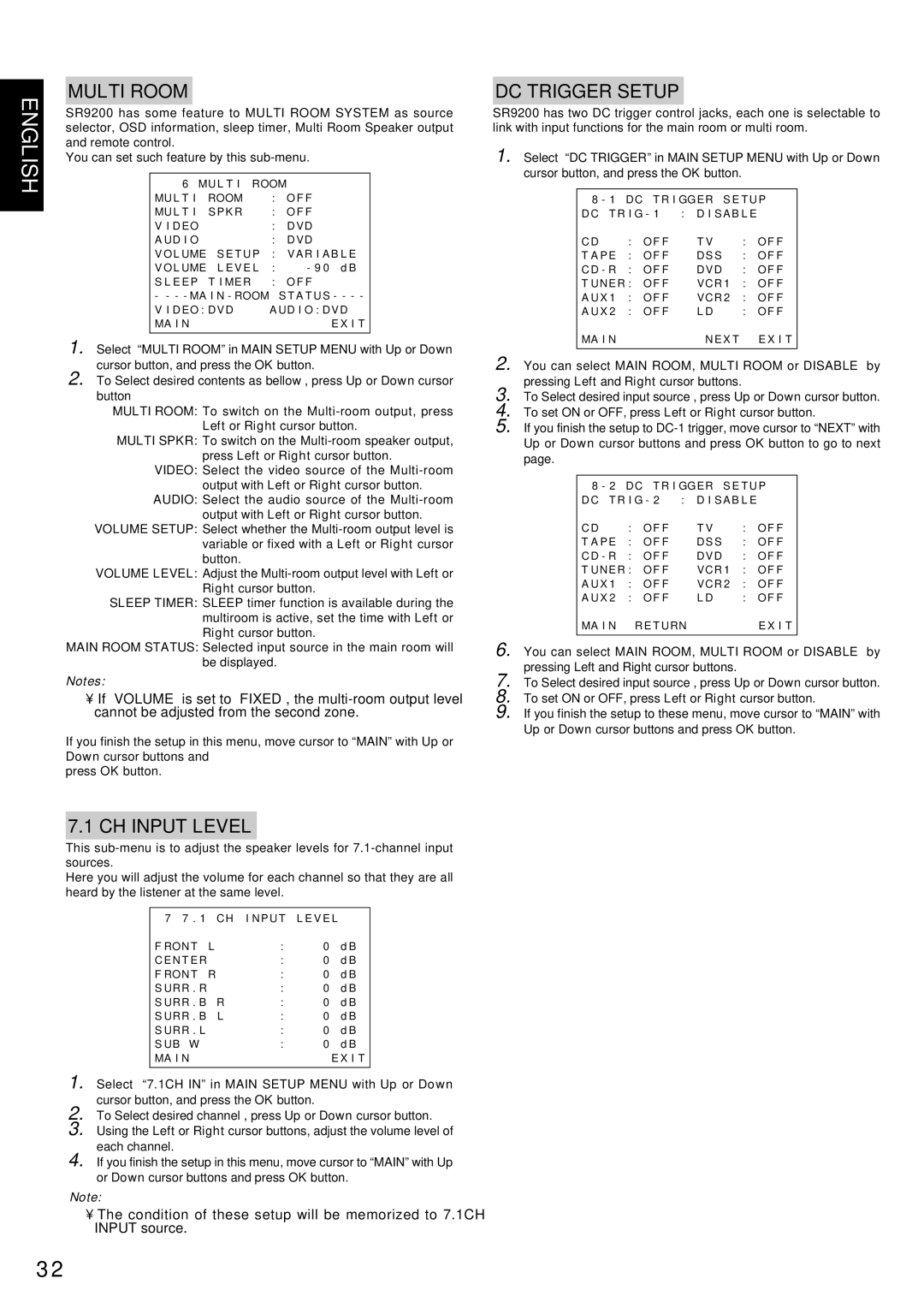 Marantz SR9200 manual CH Input Level, DC Trigger Setup 