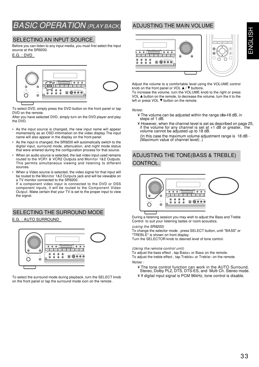 Marantz SR9200 manual Basic Operation Play Back, Selecting AN Input Source, Adjusting the Main Volume 