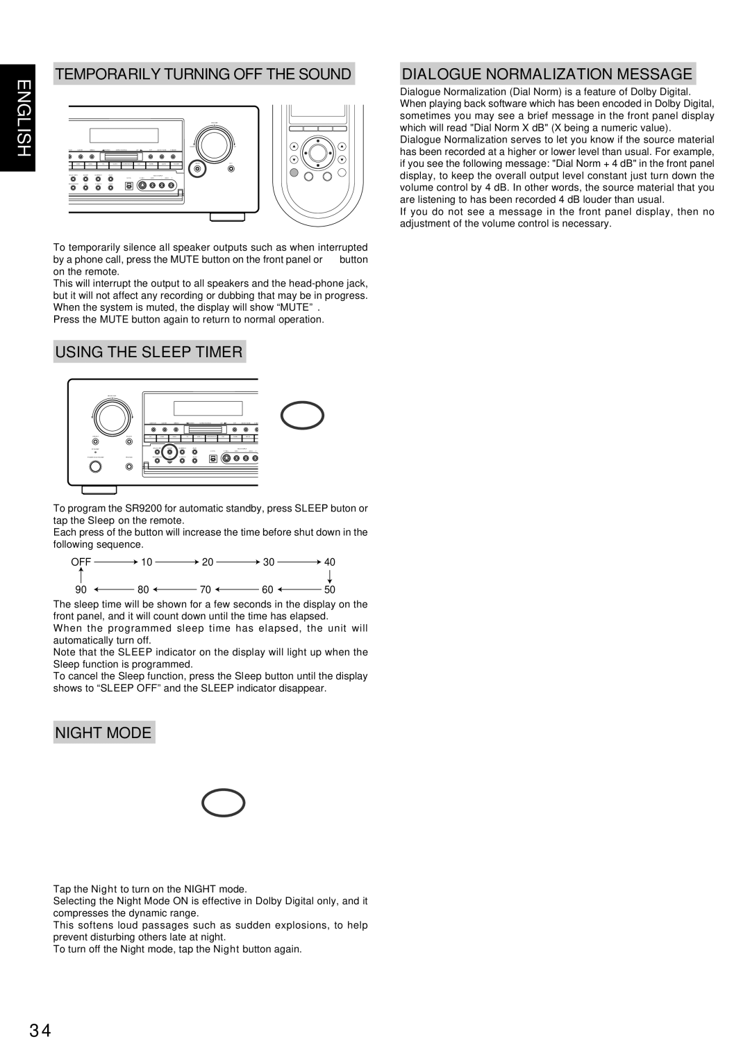 Marantz SR9200 manual Using the Sleep Timer, Night Mode, Dialogue Normalization Message 