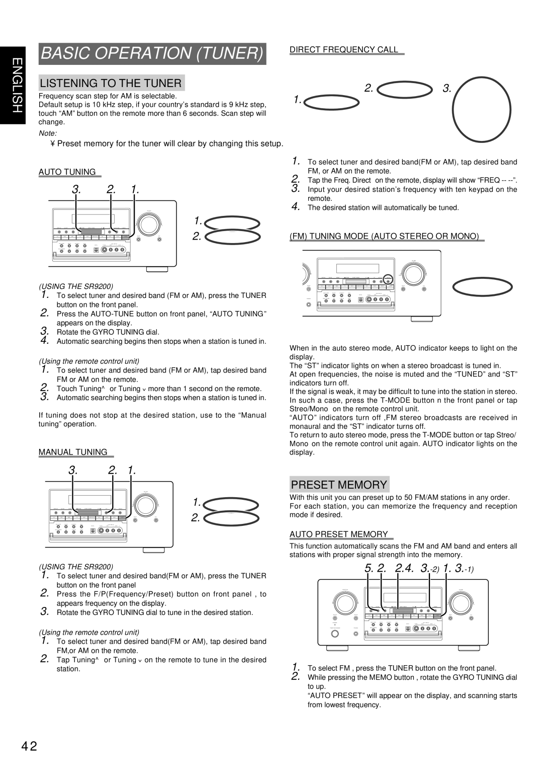 Marantz SR9200 manual Basic Operation Tuner, Listening to the Tuner, Preset Memory 