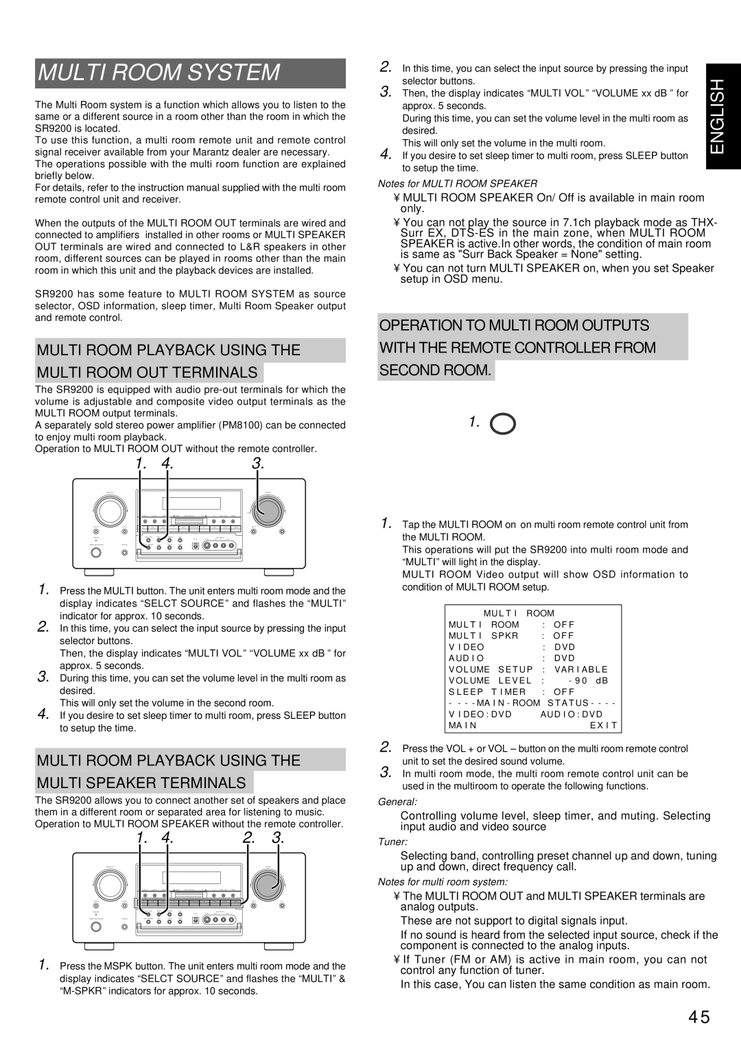 Marantz SR9200 manual Multi Room System, Multi Room Playback Using Multi Room OUT Terminals, Second Room, General 