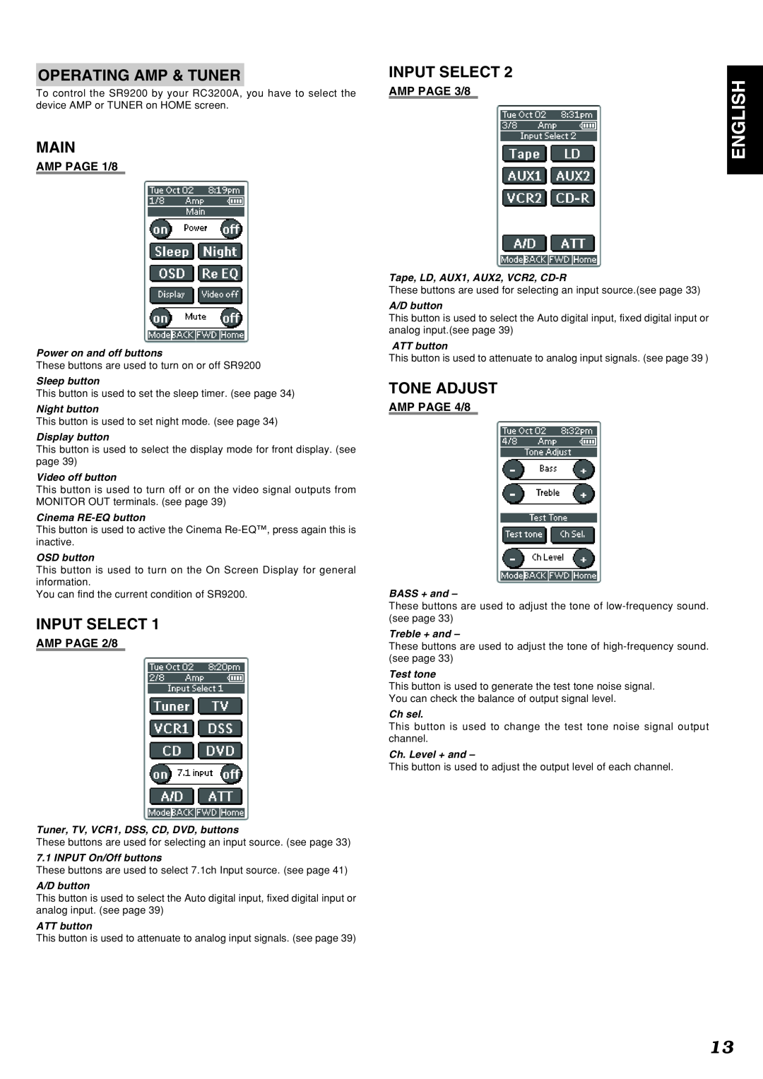 Marantz SR9200 English, AMP PAGE 1/8, AMP PAGE 3/8, AMP PAGE 2/8, AMP PAGE 4/8, Power on and off buttons, Sleep button 