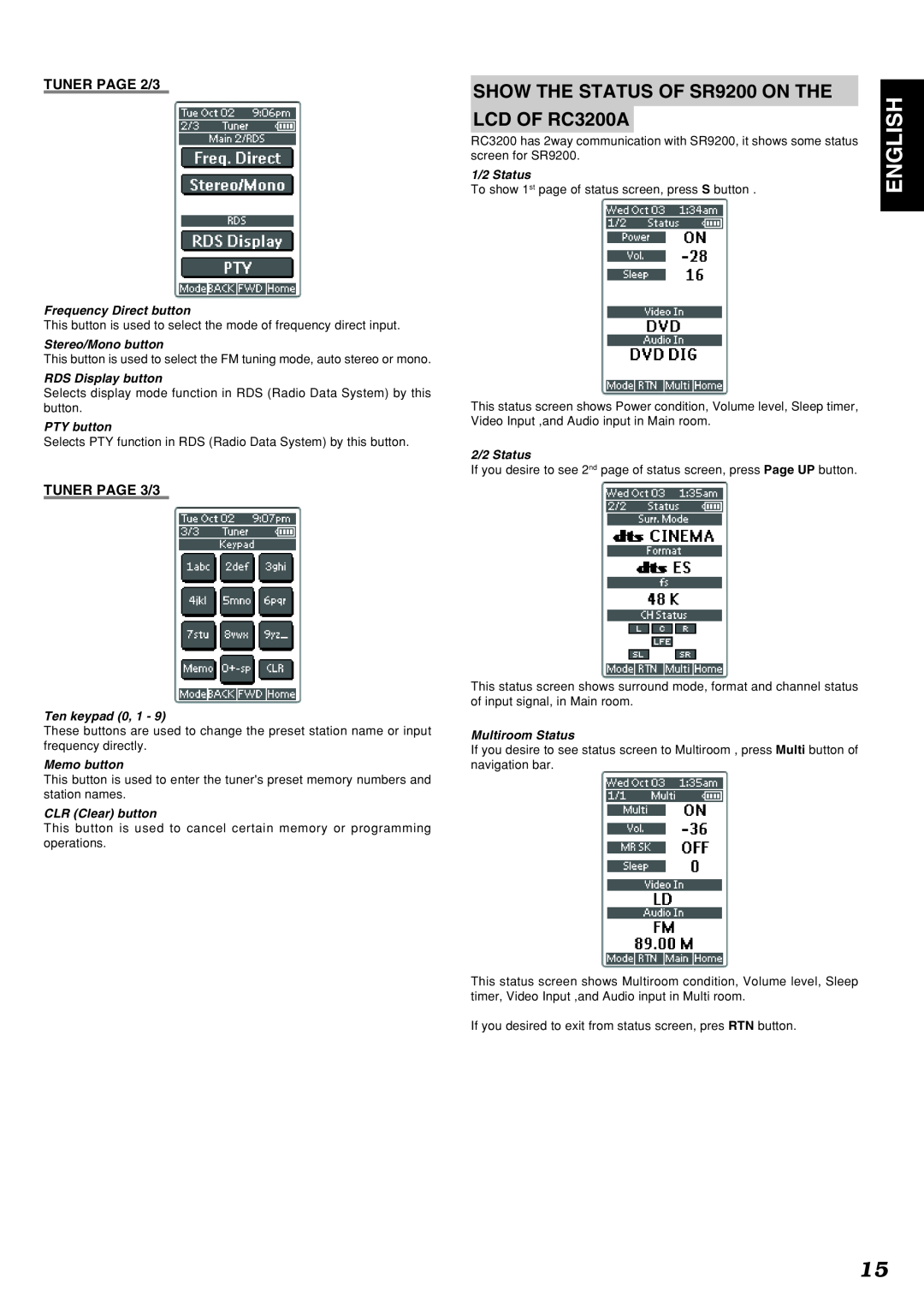 Marantz SR9200 English, TUNER PAGE 2/3, TUNER PAGE 3/3, Frequency Direct button, Stereo/Mono button, RDS Display button 