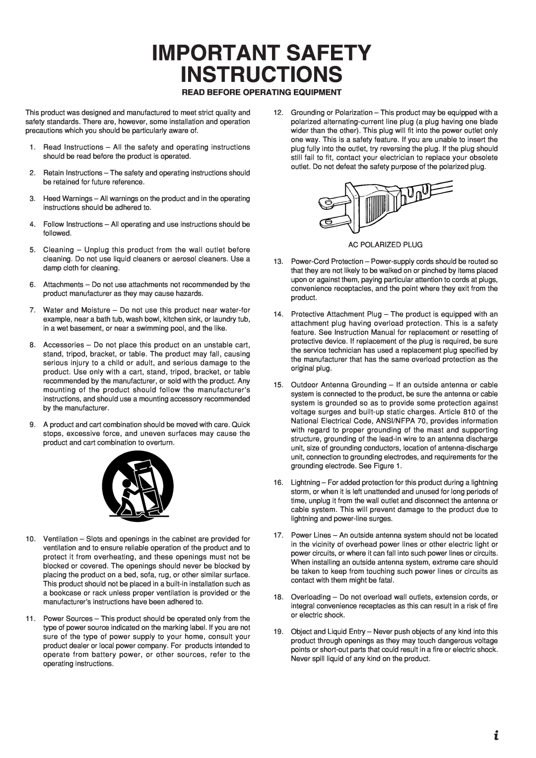 Marantz SR9200 manual Important Safety Instructions, Read Before Operating Equipment 