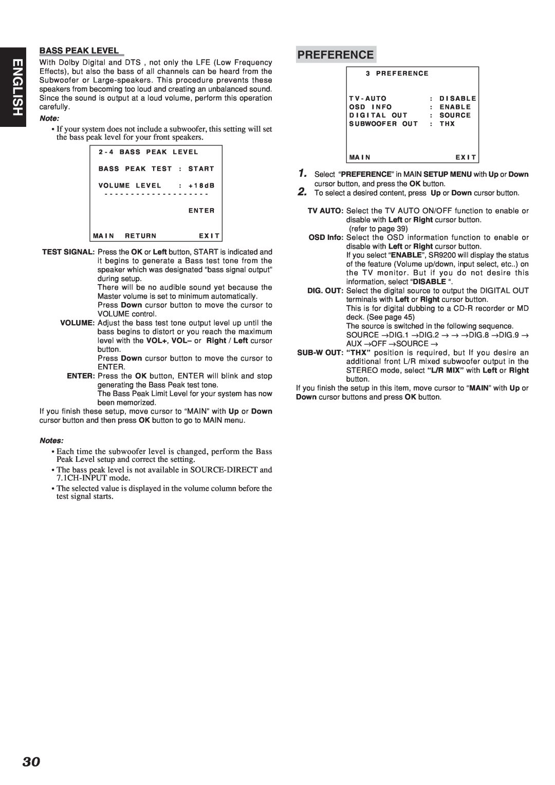 Marantz SR9200 manual English, Preference, Bass Peak Level 