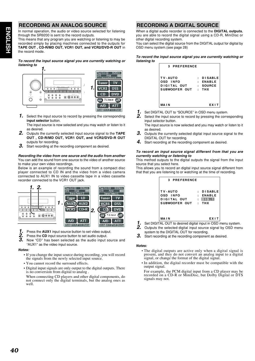 Marantz SR9200 manual Recording An Analog Source, Recording A Digital Source, You cannot record the surround effects 