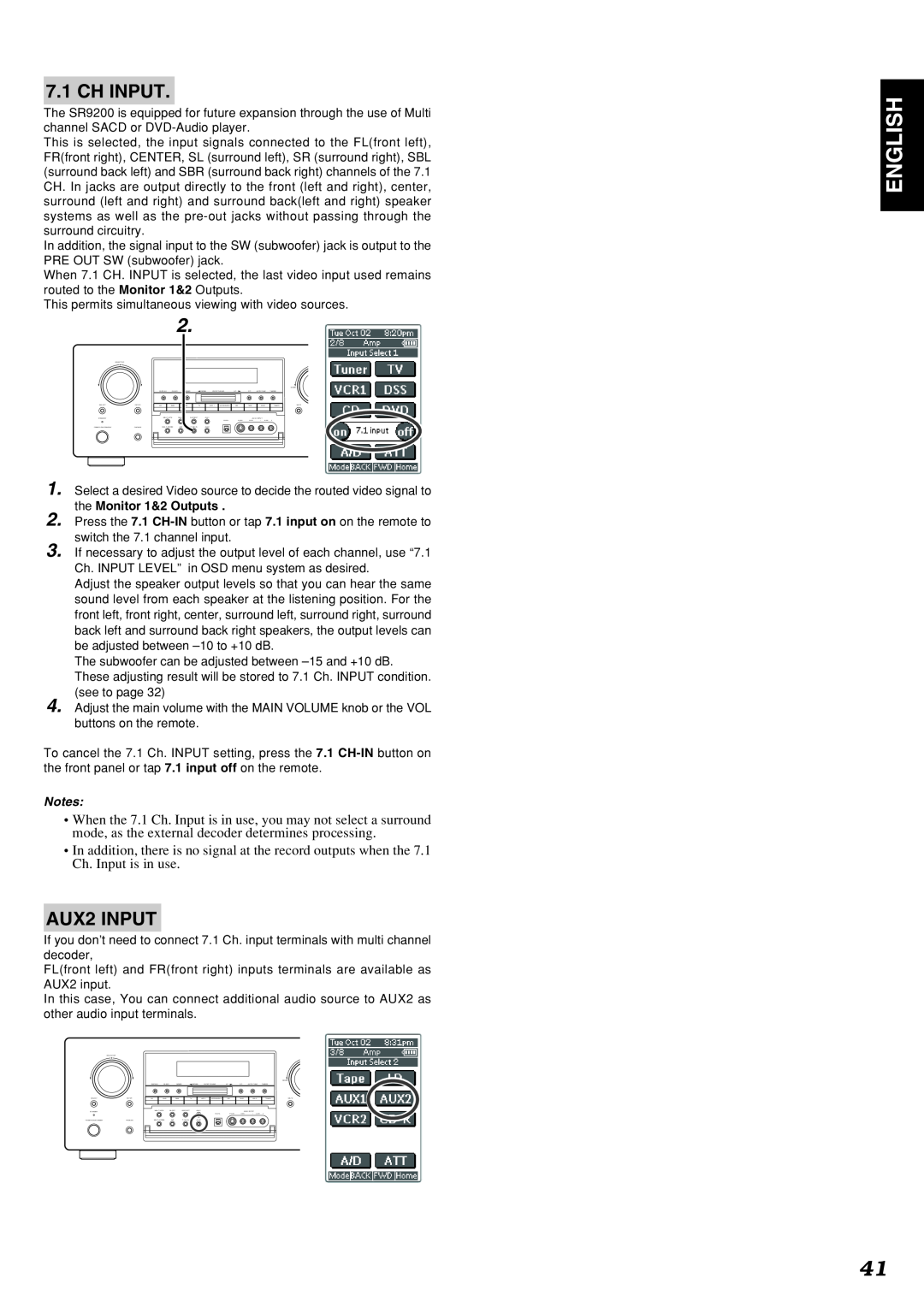 Marantz SR9200 manual English, Ch Input, AUX2 INPUT 