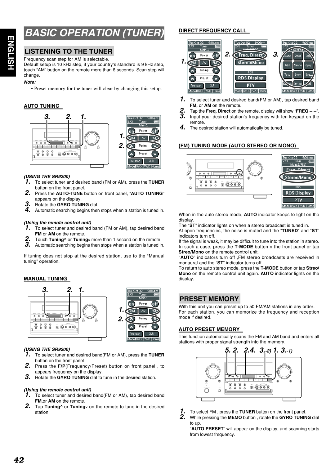 Marantz SR9200 manual Basic Operation Tuner, 3.2, Direct Frequency Call, Auto Tuning, Manual Tuning, Auto Preset Memory 