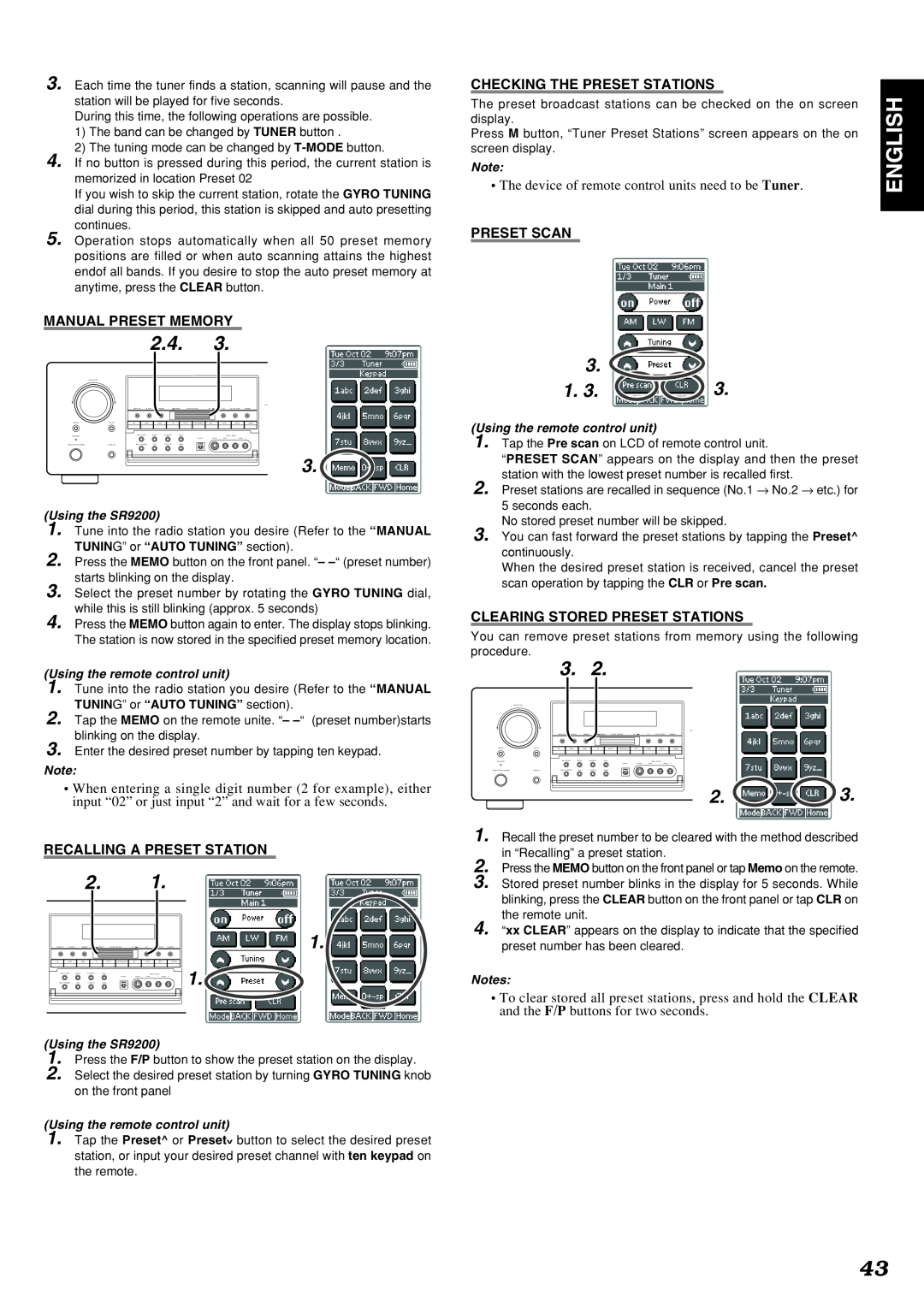 Marantz SR9200 2.4.3, English, Manual Preset Memory, Recalling A Preset Station, Checking The Preset Stations, Preset Scan 