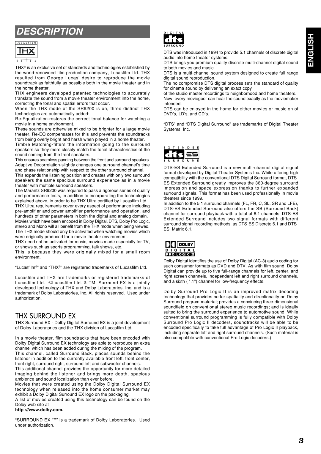 Marantz SR9200 manual Description, English 