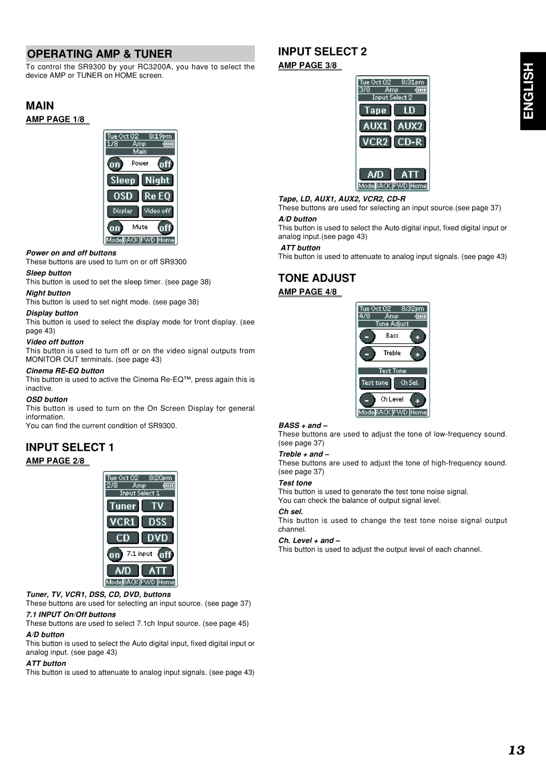 Marantz SR9300 manual Operating AMP & Tuner Input Select, Main, Tone Adjust 