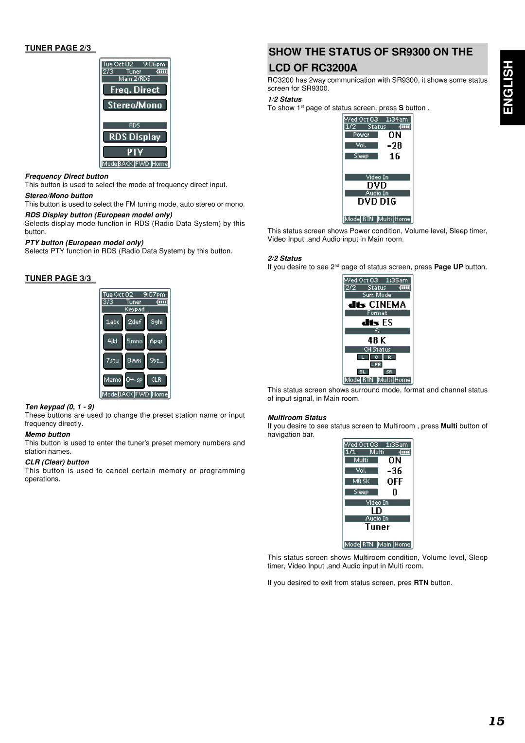 Marantz manual Show the Status of SR9300 on LCD of RC3200A, Tuner page 2/3, Tuner page 3/3 