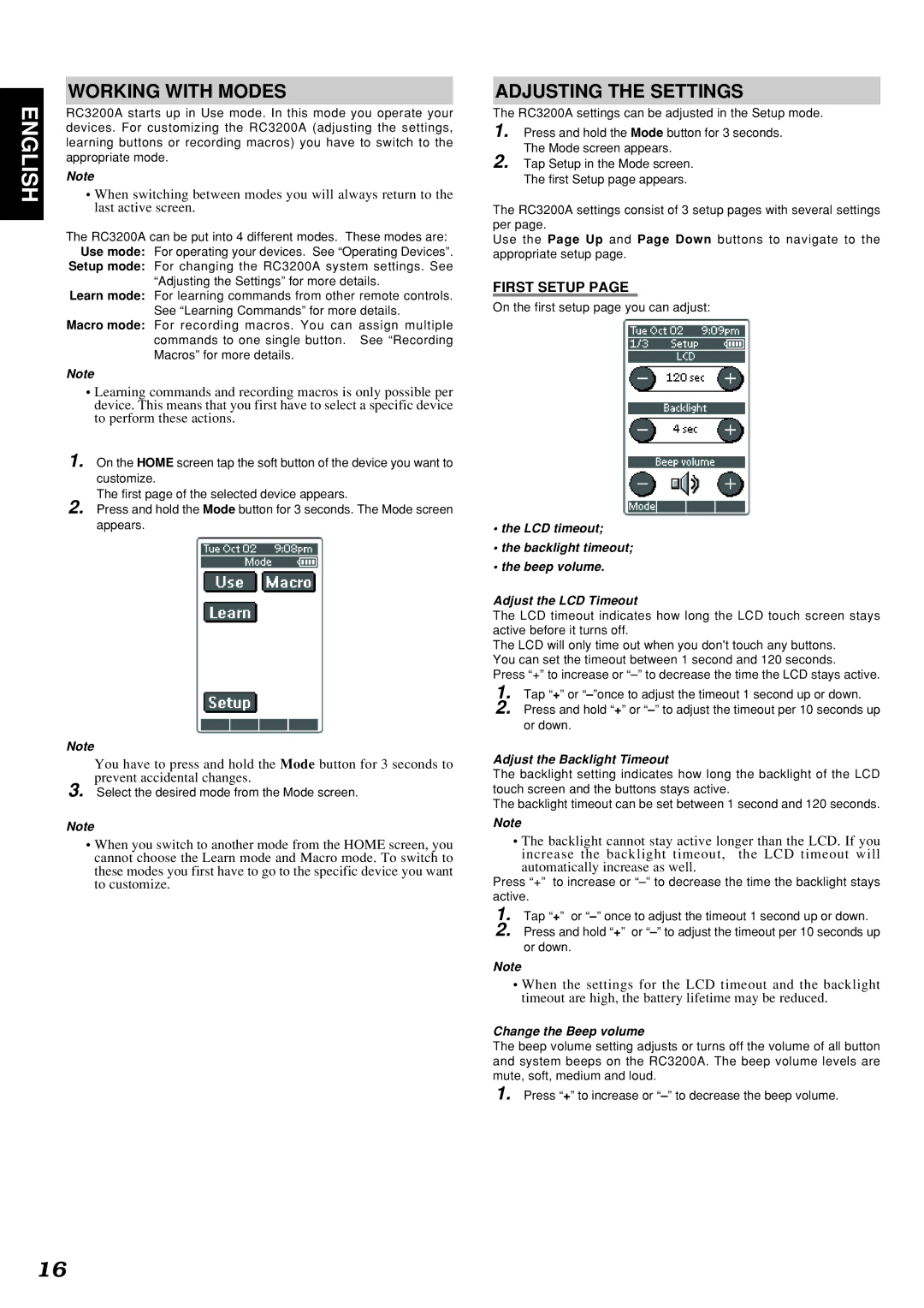 Marantz SR9300 manual Working with Modes, Adjusting the Settings, First Setup, Adjust the Backlight Timeout 