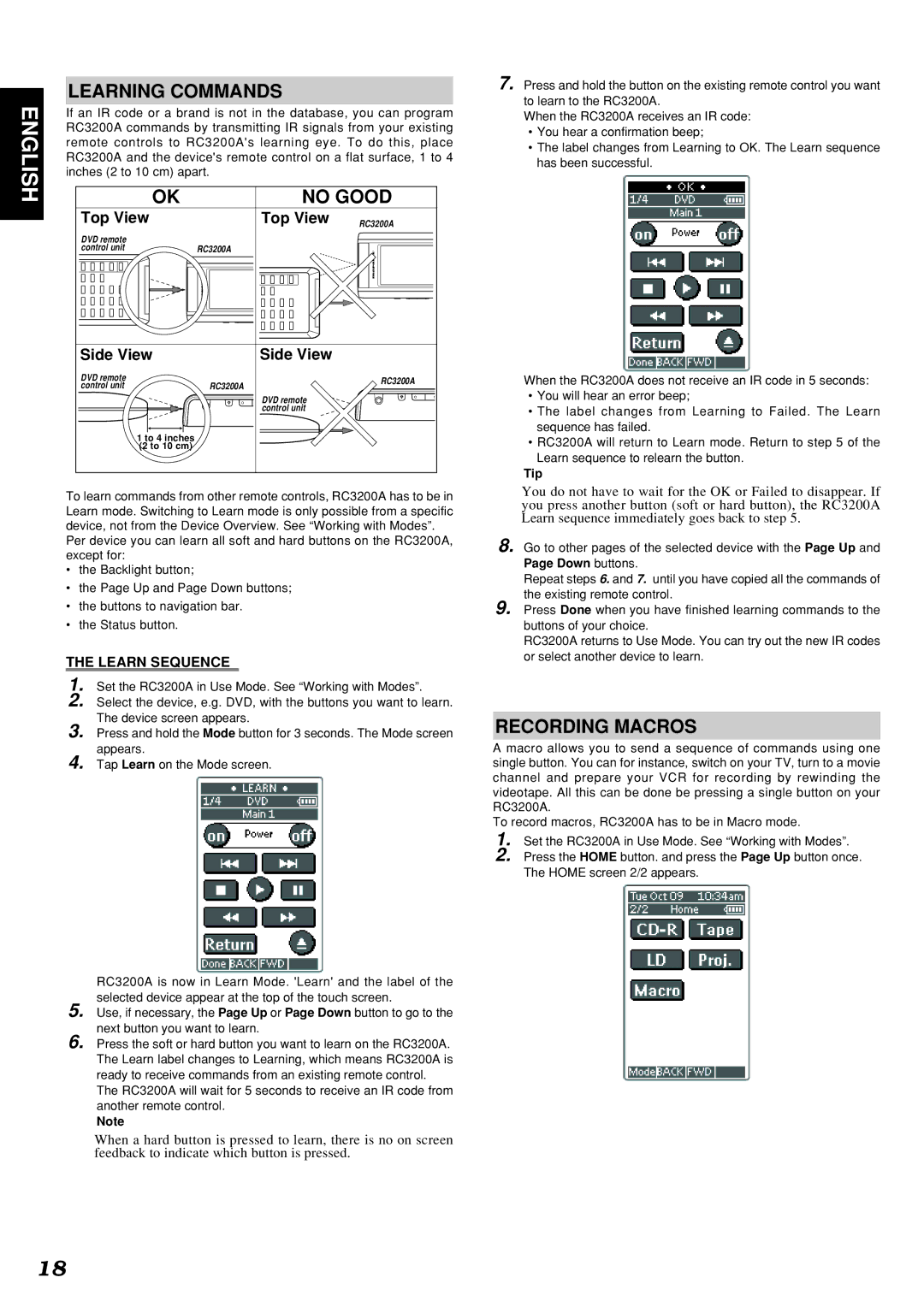 Marantz SR9300 manual Learning Commands, Recording Macros, Learn Sequence, Inches 2 to 10 cm apart 