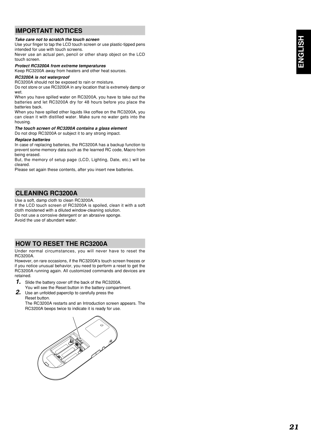 Marantz SR9300 manual Important Notices, Cleaning RC3200A, HOW to Reset the RC3200A 