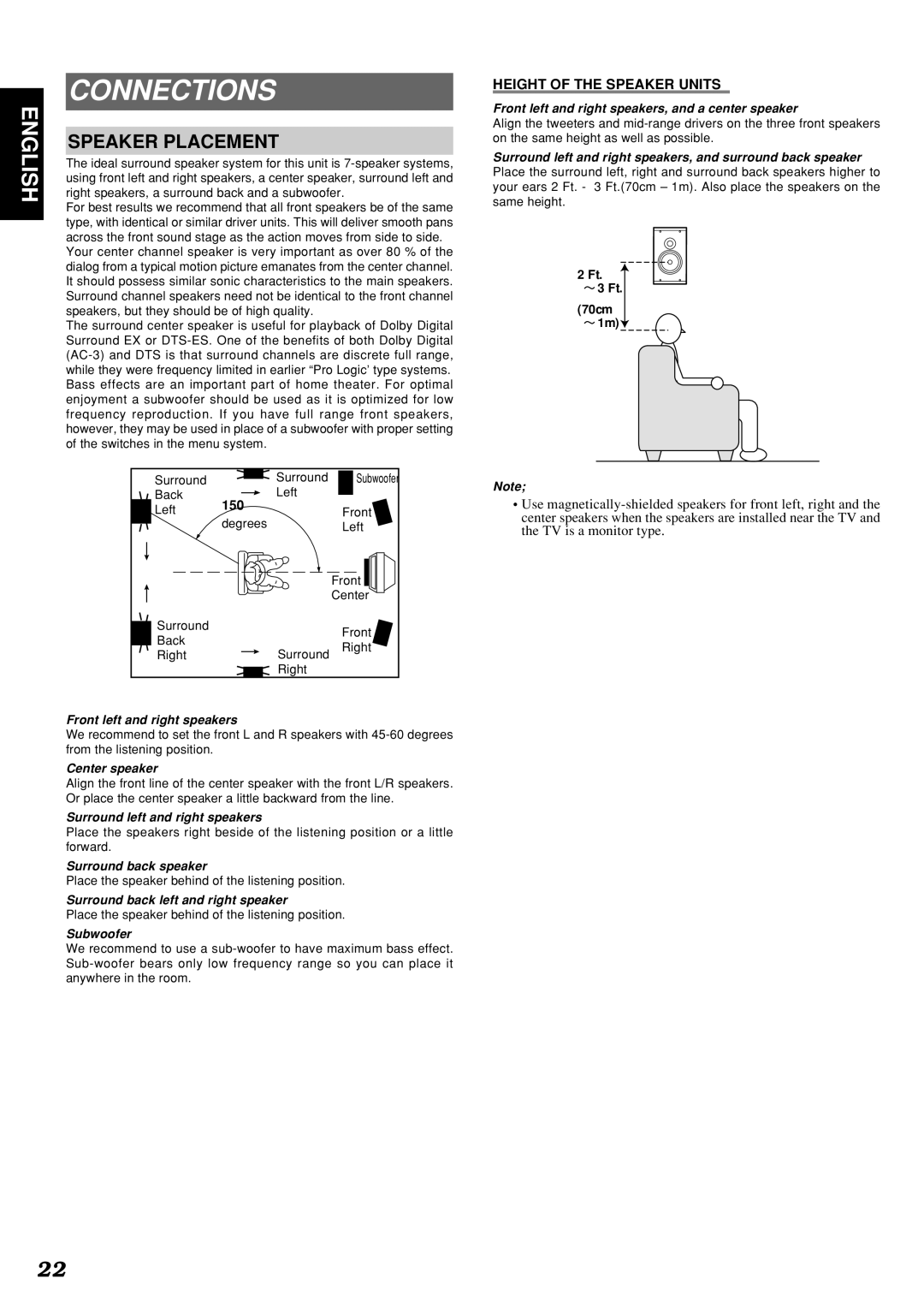 Marantz SR9300 manual Connections, Speaker Placement, Height of the Speaker Units 