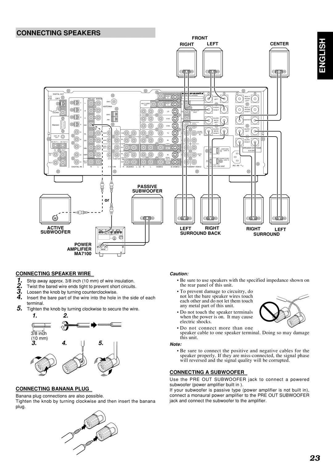 Marantz SR9300 manual Connecting Speakers, Connecting Banana Plug, Connecting a Subwoofer 