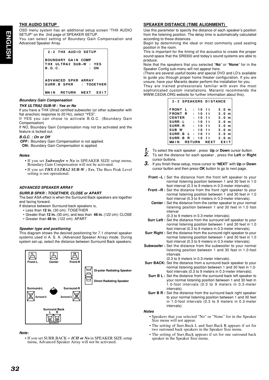 Marantz SR9300 manual THX Audio Setup, Speaker Distance Time Alignment 