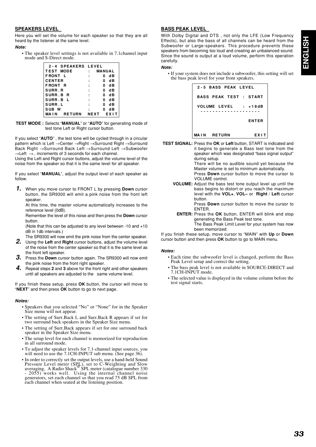 Marantz SR9300 manual Speakers Level, Bass Peak Level 