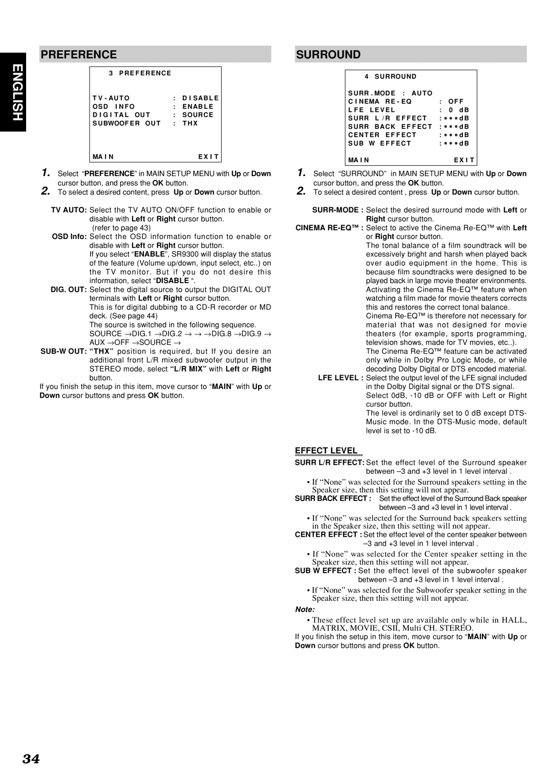 Marantz SR9300 manual Preference, Surround, Effect Level 