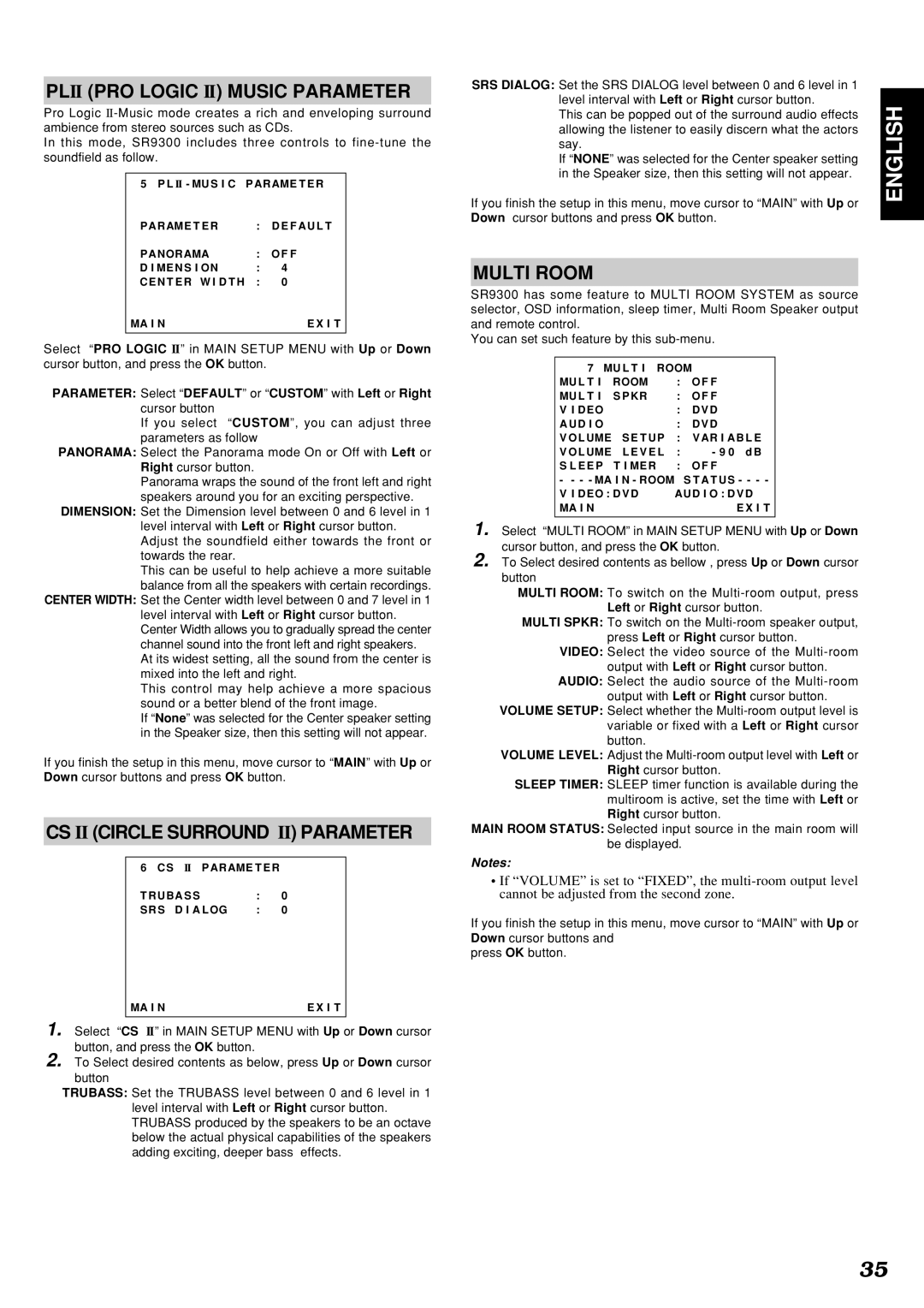 Marantz SR9300 manual Plii PRO Logic II Music Parameter, CS II Circle Surround II Parameter 