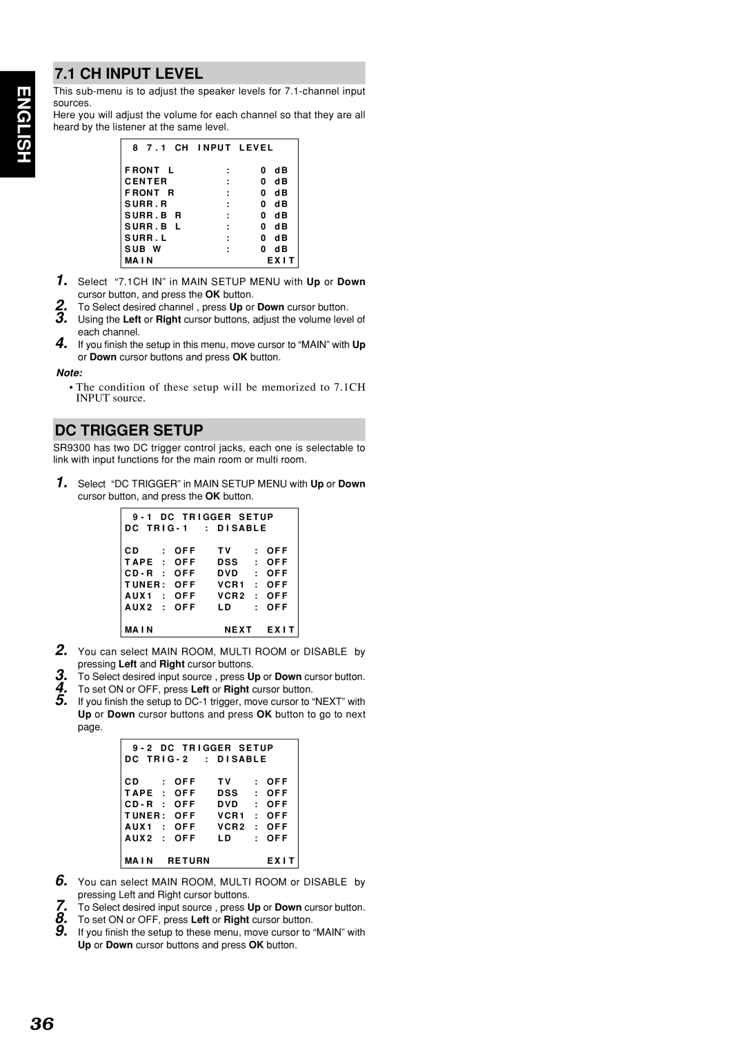 Marantz SR9300 manual CH Input Level, DC Trigger Setup 