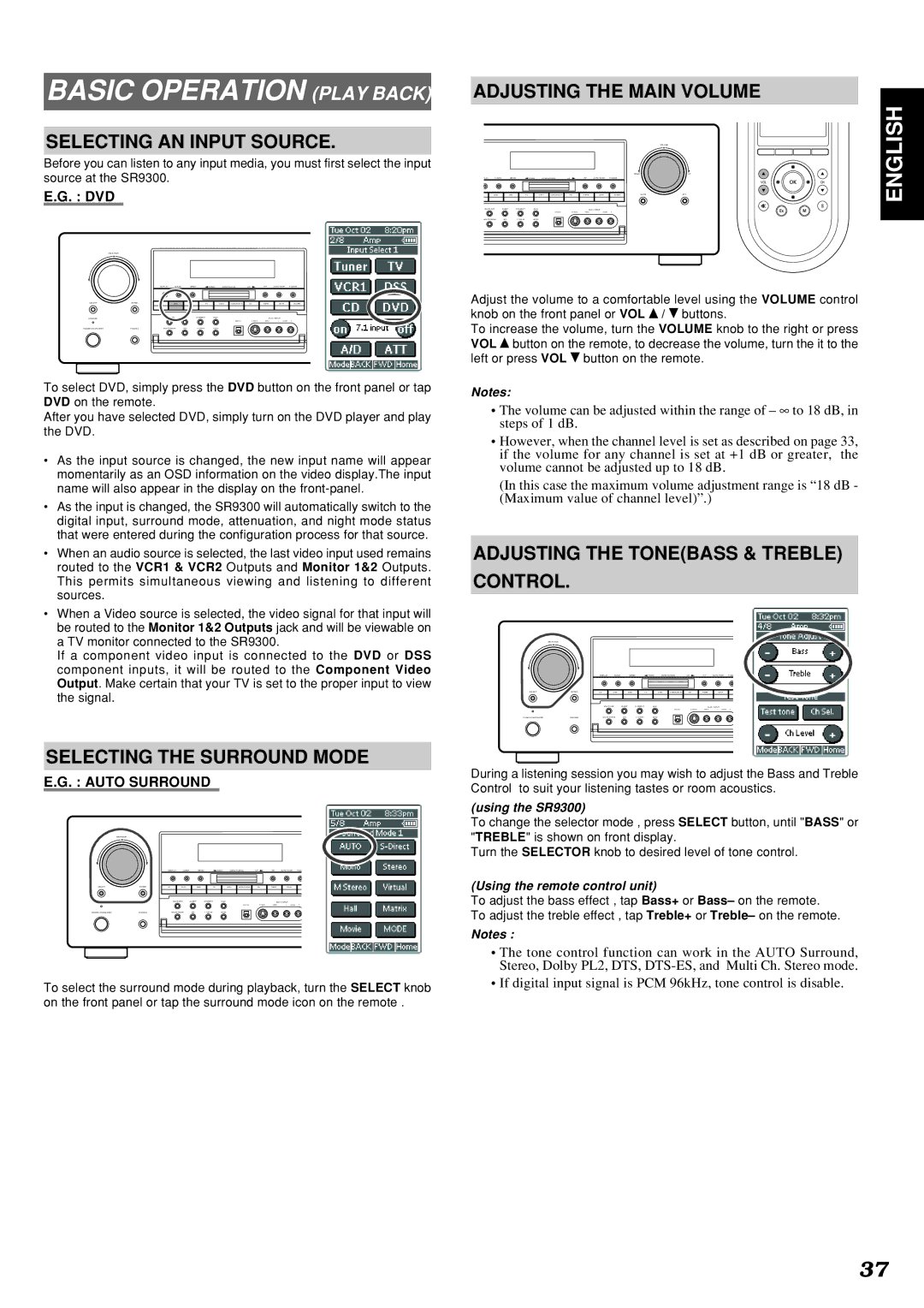 Marantz SR9300 manual Basic Operation Play Back, Selecting AN Input Source, Adjusting the Main Volume 