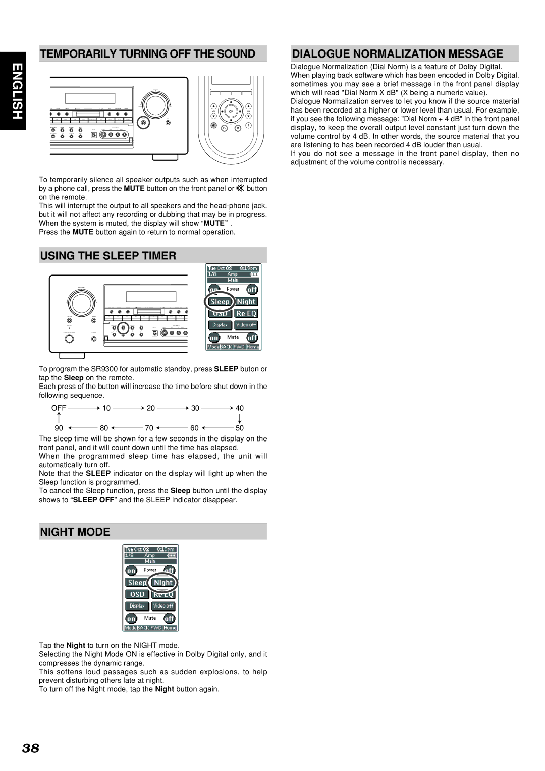 Marantz SR9300 manual Temporarily Turning OFF the Sound, Using the Sleep Timer, Night Mode, Dialogue Normalization Message 