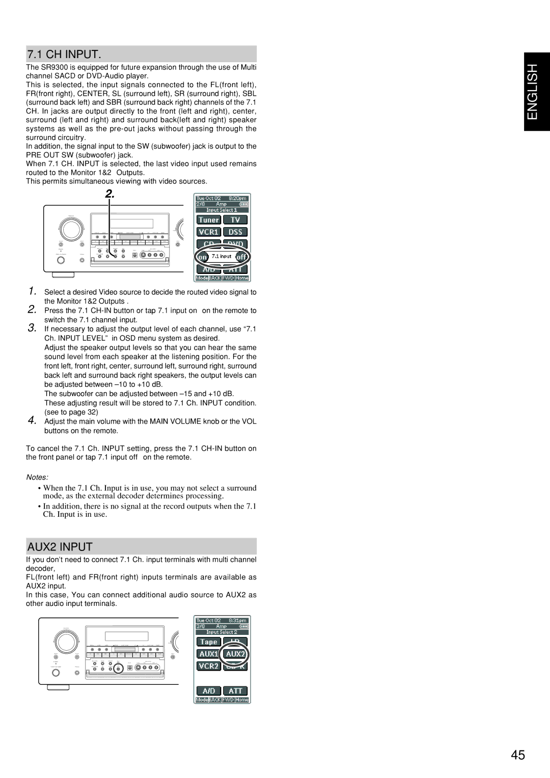 Marantz SR9300 manual CH Input, AUX2 Input 