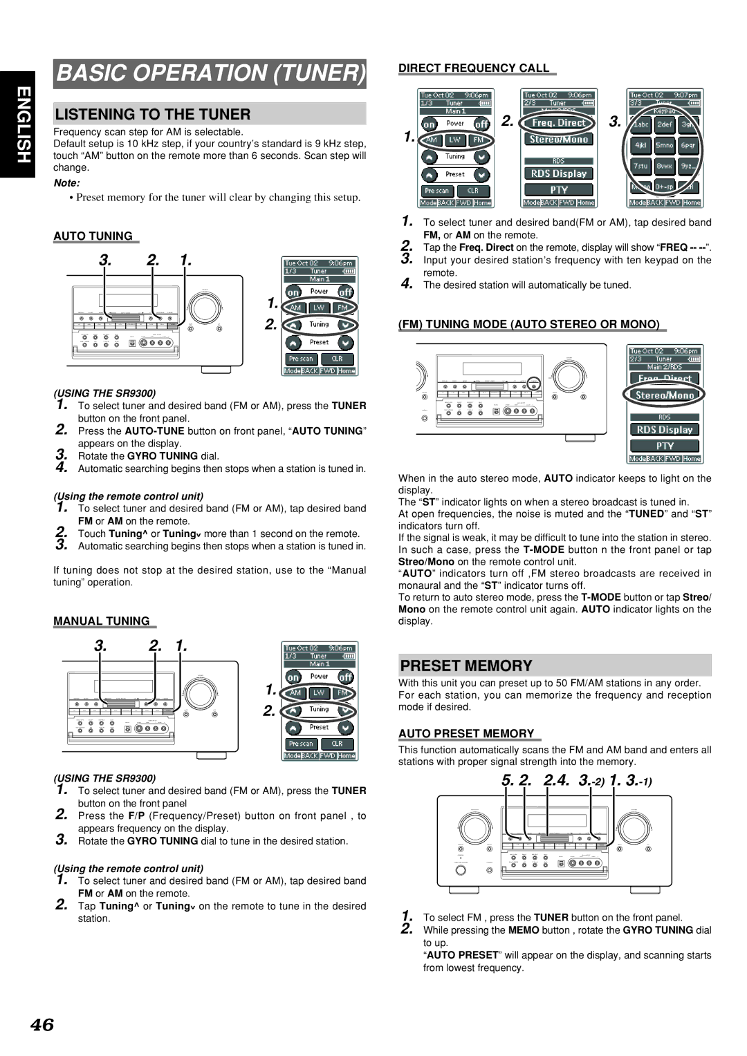 Marantz SR9300 manual Basic Operation Tuner, Listening to the Tuner, Preset Memory 