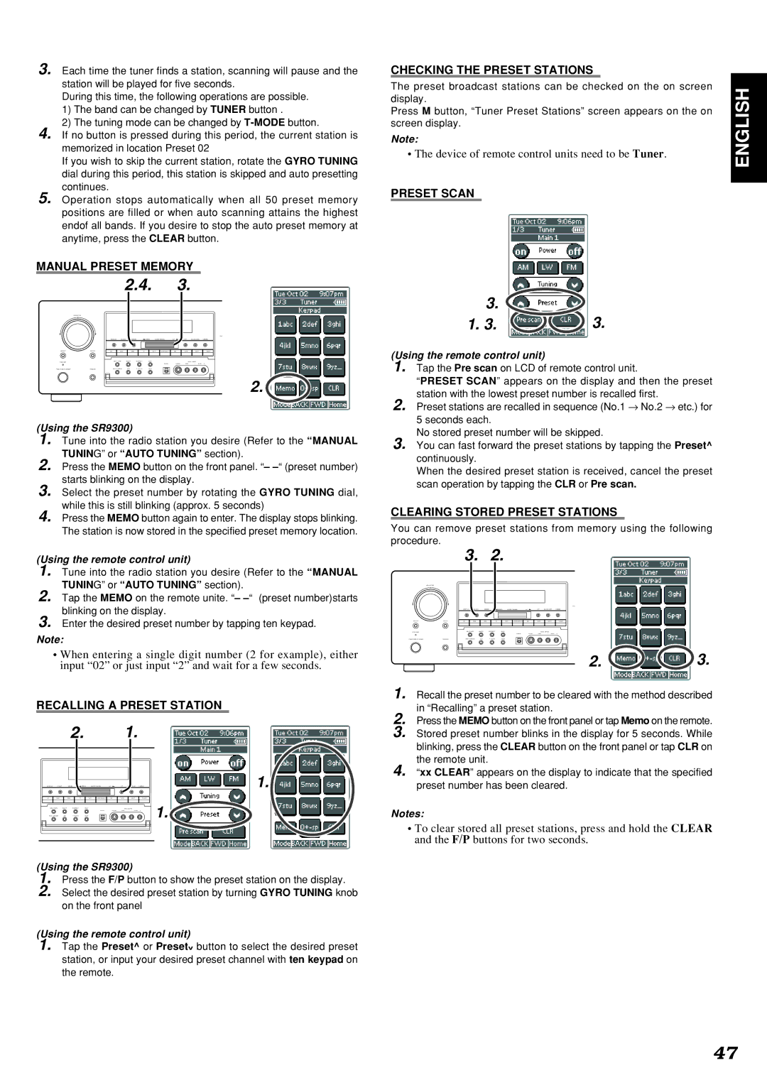 Marantz SR9300 manual Manual Preset Memory, Recalling a Preset Station, Checking the Preset Stations, Preset Scan 