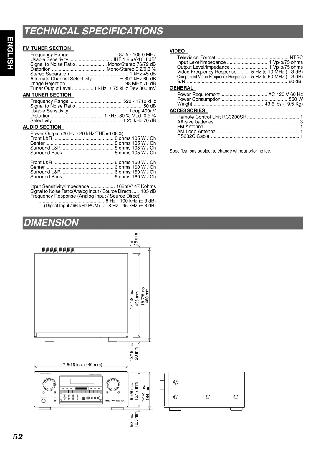 Marantz SR9300 manual Technical Specifications, Dimension 