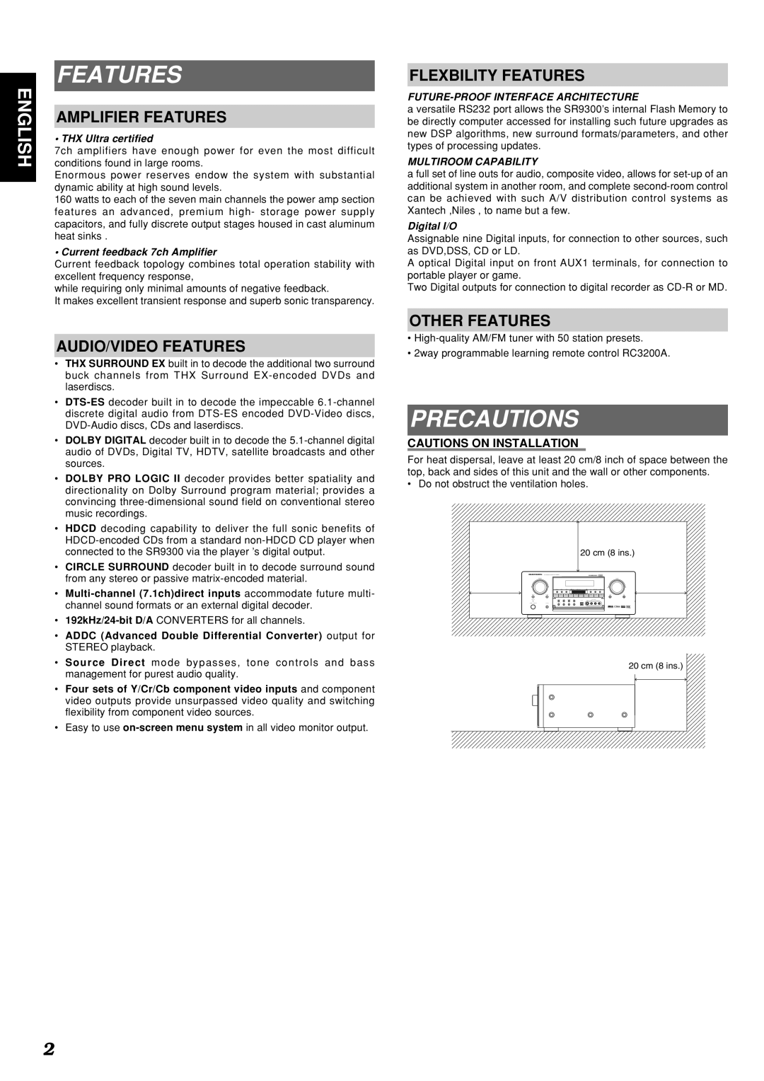 Marantz SR9300 manual Features, Precautions 