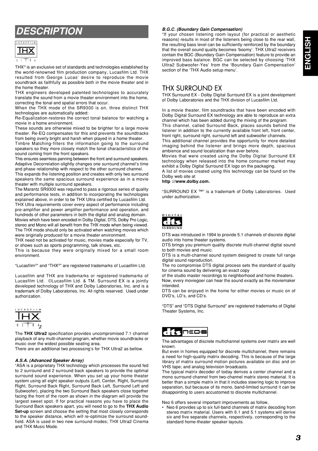 Marantz SR9300 manual Description, A. Advanced Speaker Array, C. Boundary Gain Compensation 