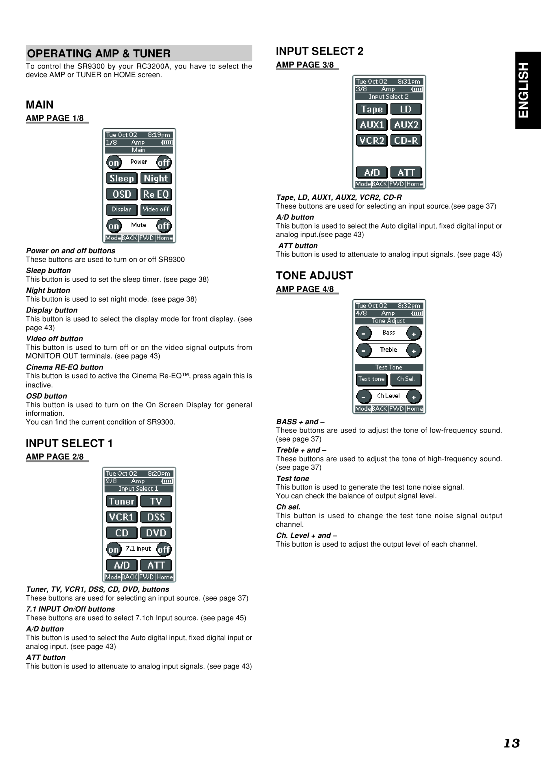 Marantz SR9300 English, AMP PAGE 1/8, AMP PAGE 3/8, AMP PAGE 2/8, AMP PAGE 4/8, Power on and off buttons, Sleep button 