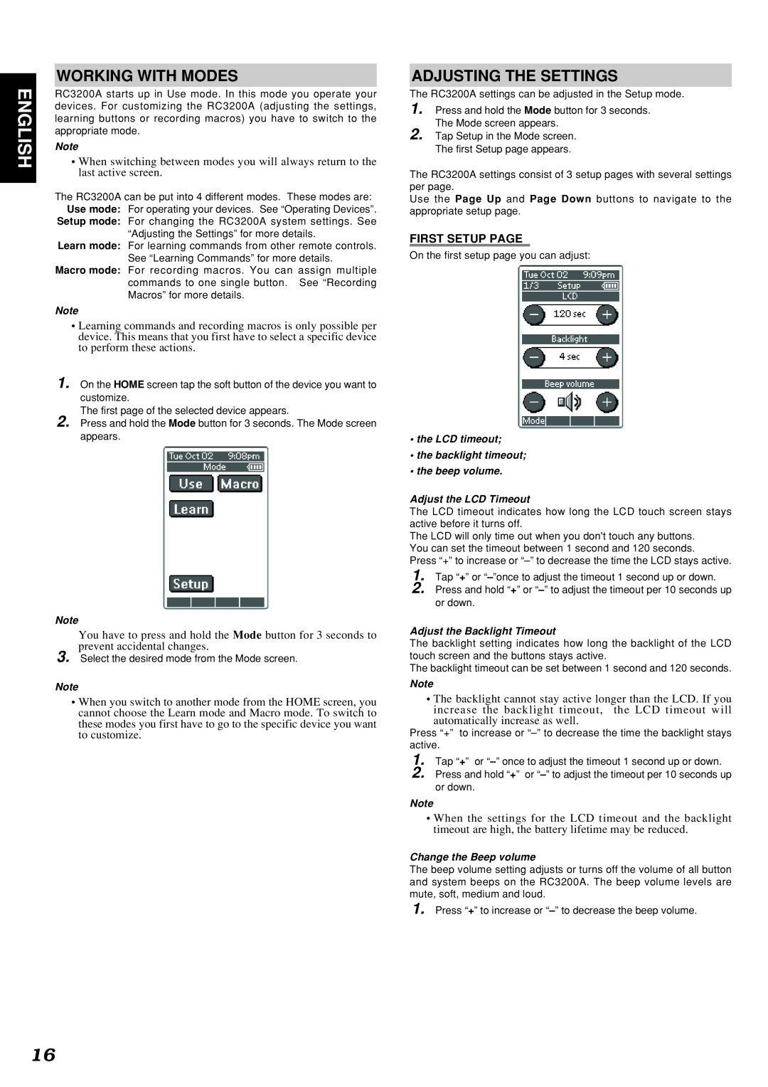 Marantz SR9300 manual English, Working With Modes, Adjusting The Settings, First Setup Page 