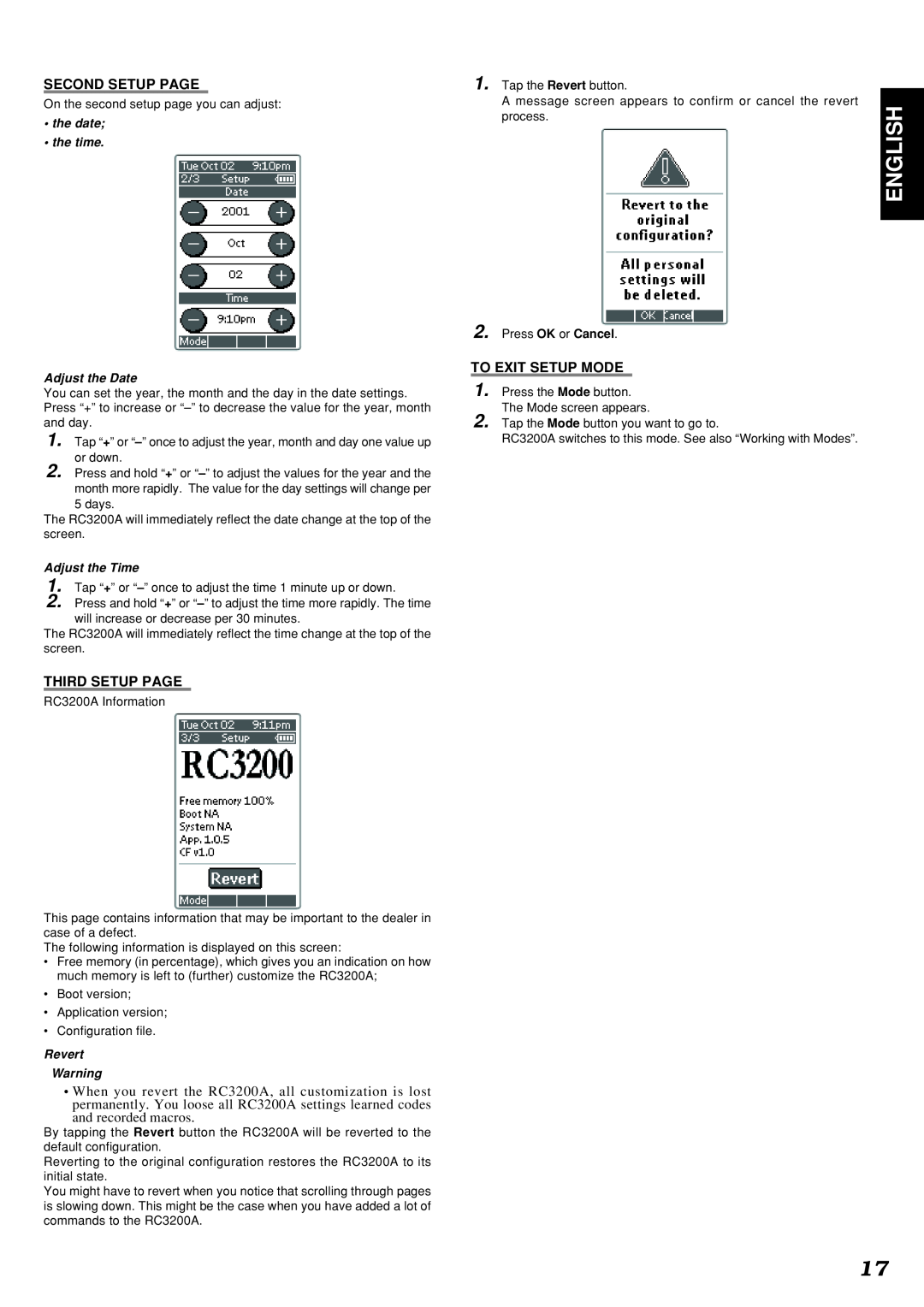 Marantz SR9300 English, Second Setup Page, Third Setup Page, To Exit Setup Mode, •the date •the time, Adjust the Date 