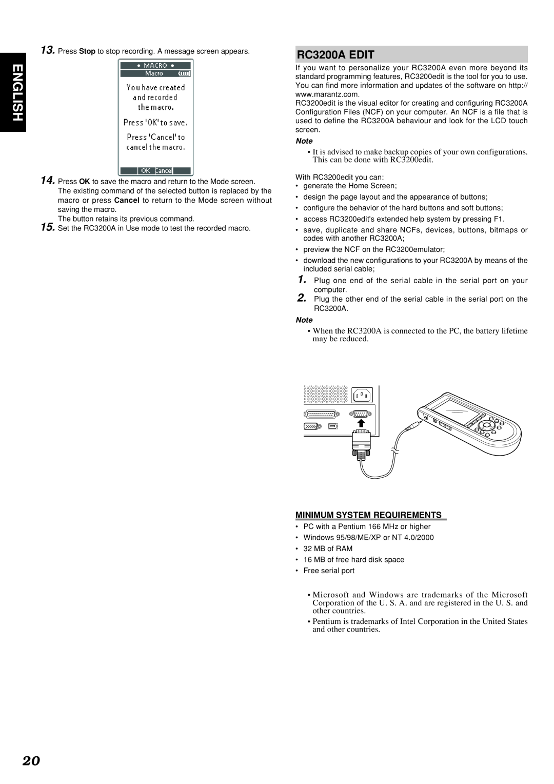 Marantz SR9300 manual English, RC3200A EDIT, Minimum System Requirements 