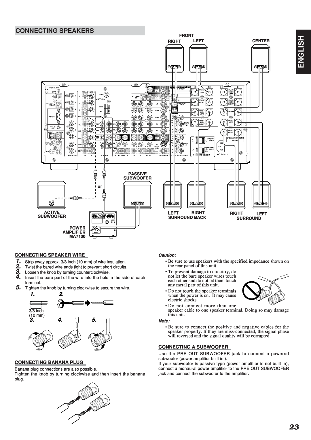 Marantz SR9300 manual English, Connecting Speakers, Connecting Speaker Wire, Connecting Banana Plug, Connecting A Subwoofer 