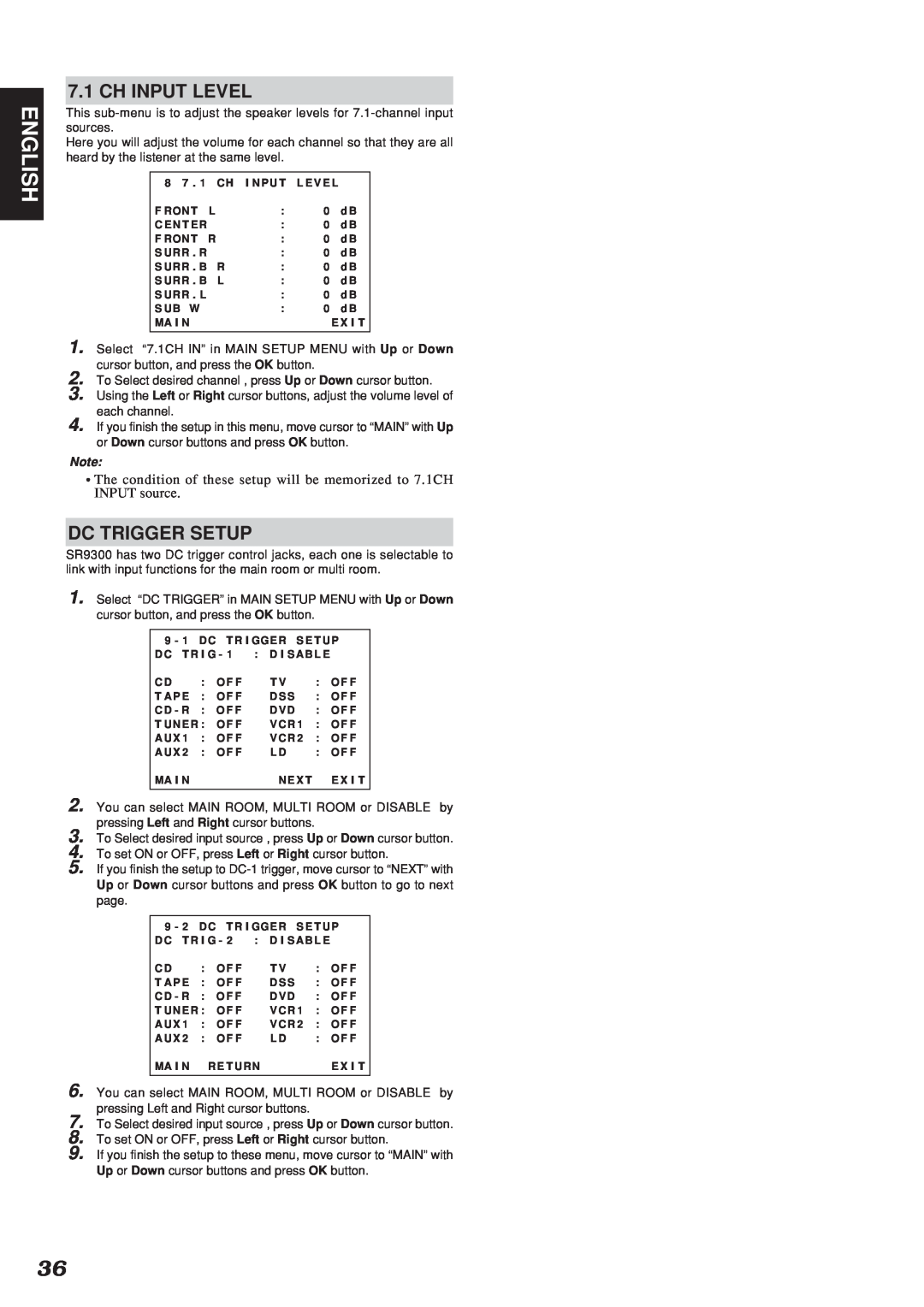 Marantz SR9300 manual English, Ch Input Level, Dc Trigger Setup 