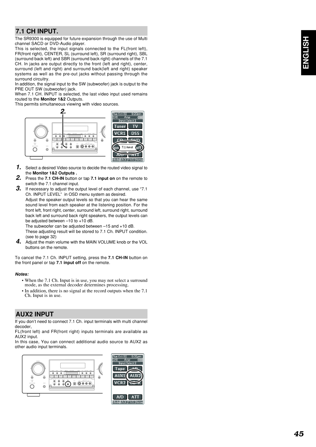 Marantz SR9300 manual English, Ch Input, AUX2 INPUT 