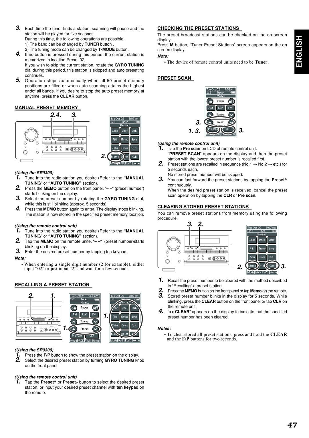Marantz SR9300 manual 2.4.3, Manual Preset Memory, Recalling A Preset Station, Checking The Preset Stations, Preset Scan 