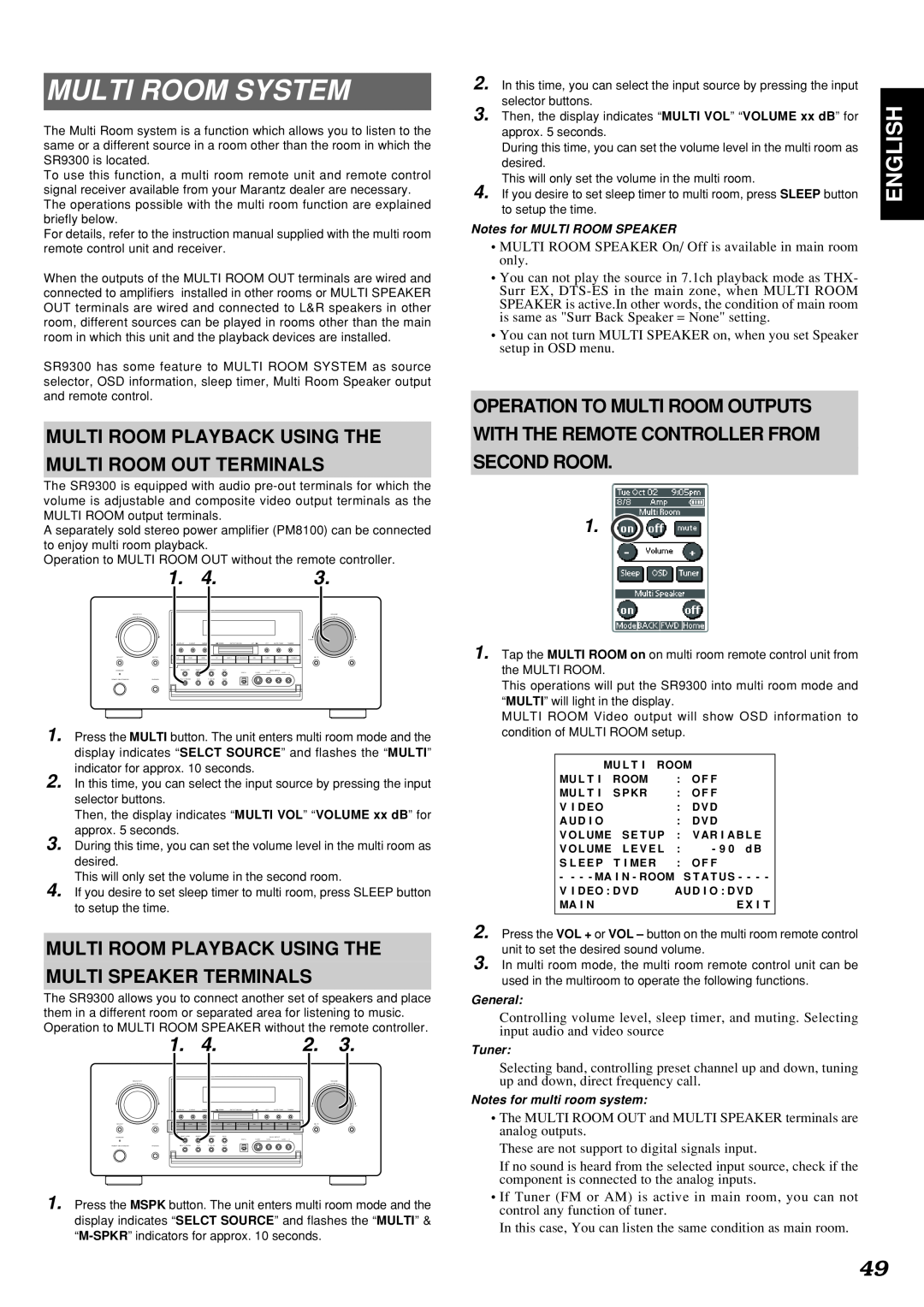 Marantz SR9300 manual Multi Room System, English, Notes for MULTI ROOM SPEAKER, General, Tuner, Notes for multi room system 