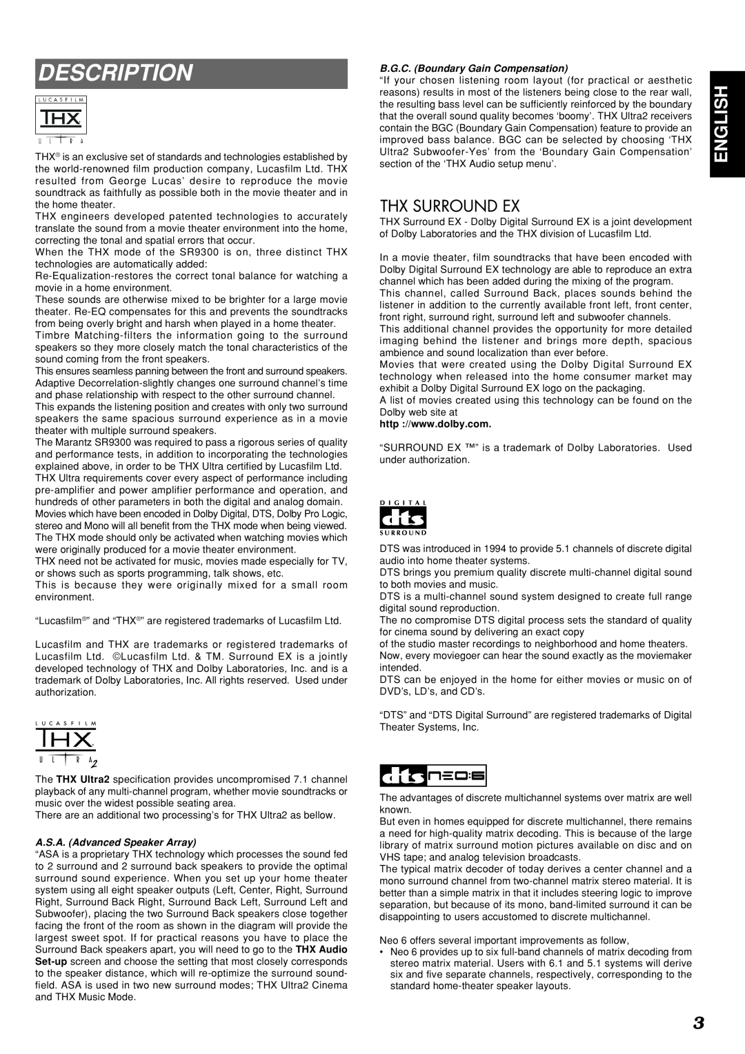 Marantz SR9300 manual Description, English, A.S.A. Advanced Speaker Array, B.G.C. Boundary Gain Compensation 