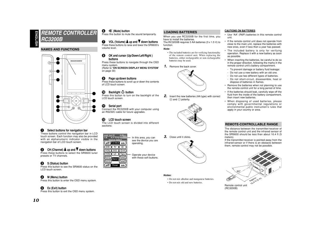 Marantz SR9600 manual Loading Batteries, REMOTE-CONTROLLABLE Range 