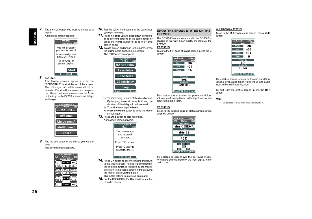 Marantz manual Show the SR9600 Status on, RC3200B, Multiroom a Status 