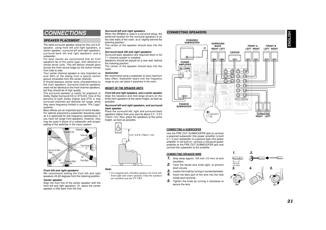 Marantz SR9600 manual Connections, Speaker Placement, Connecting Speakers, Connecting a Subwoofer, Connecting Speaker Wire 