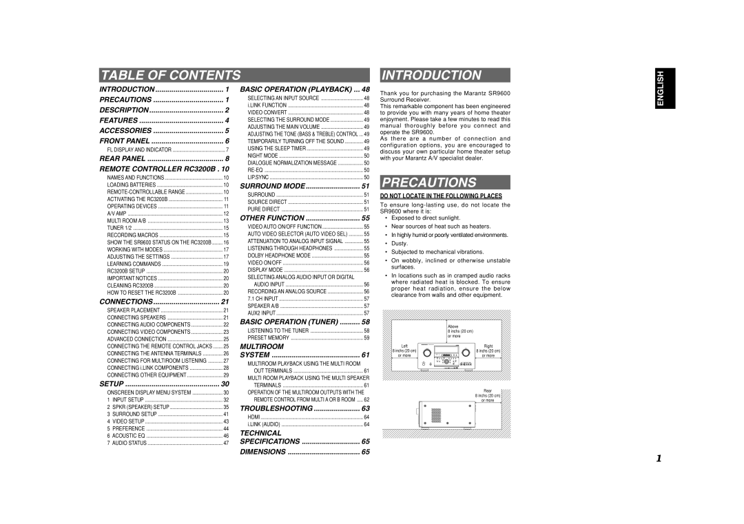 Marantz SR9600 manual Table of Contents Introduction, Precautions 