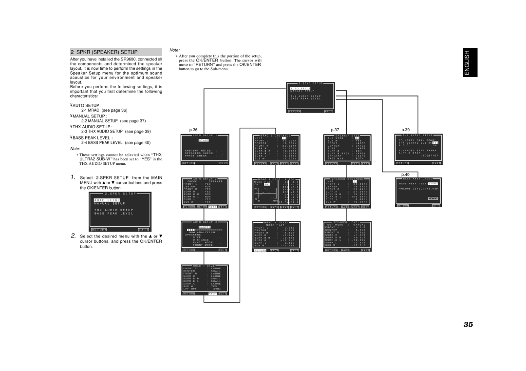 Marantz SR9600 manual Spkr Speaker Setup, Auto Setup, Manual Setup, THX Audio Setup, Bass Peak Level 